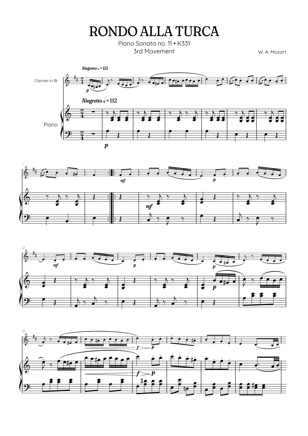 Rondo Alla Turca (Turkish March) • clarinet sheet music with piano accompaniment (arr. Benzaiten Editions)