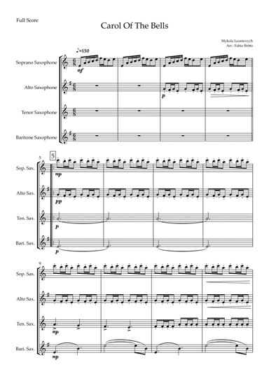 Carol Of The Bells (Mykola Leontovych) for Saxophone Quartet (arr. Fabio Britto)