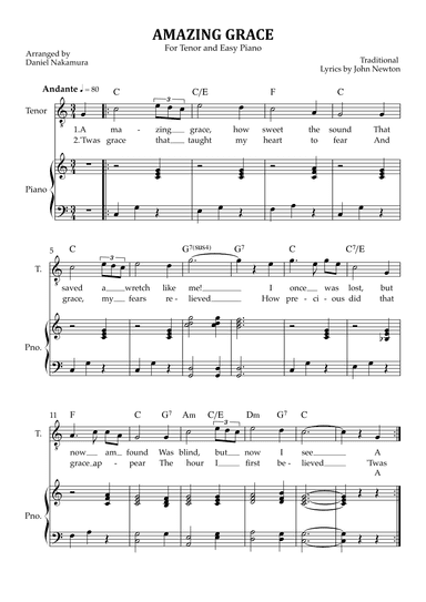Amazing Grace (for tenor vocal with easy piano) (arr. Daniel Nakamura)