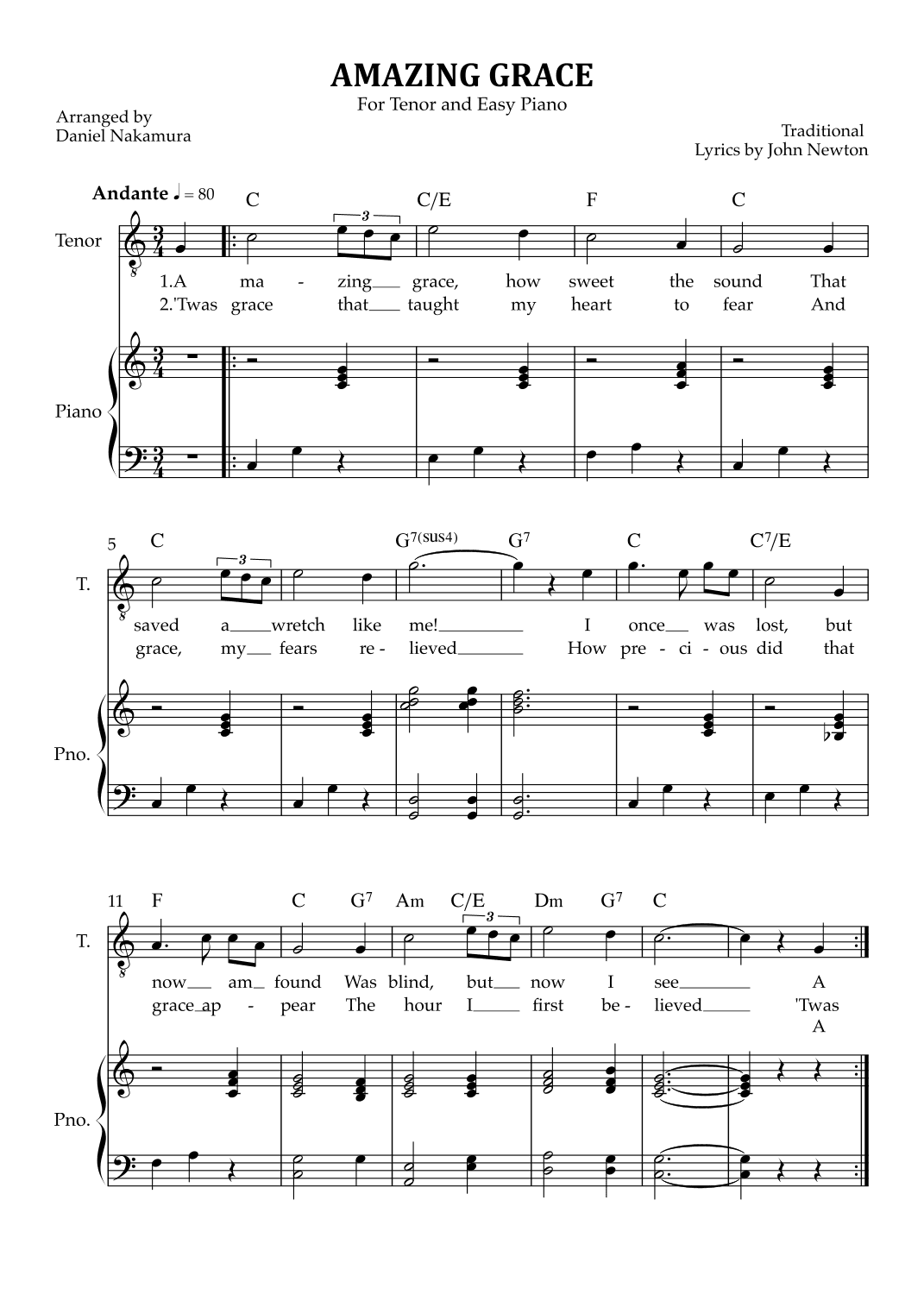 Amazing Grace (for tenor vocal with easy piano) (arr. Daniel Nakamura)