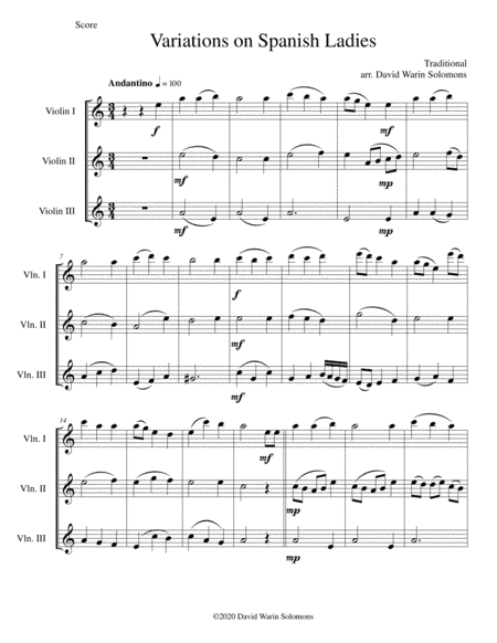Variations on Spanish Ladies for 3 violins (arr. David Warin Solomons)