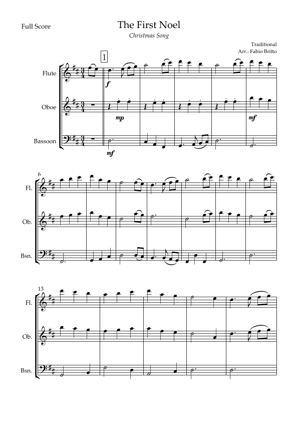 The First Noel (Christmas Song) for Woodwind Trio (arr. Fabio Britto)