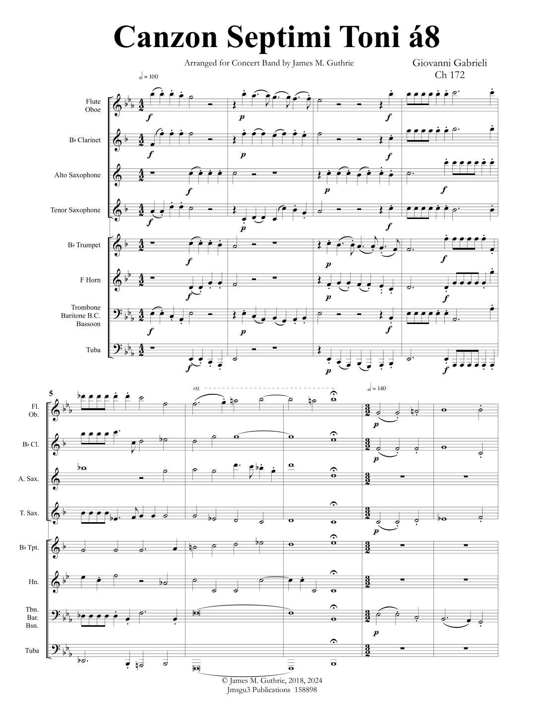 Gabrieli: Canzon Septimi Toni Ch. 172 for Concert Band (arr. James M. Guthrie, ASCAP)