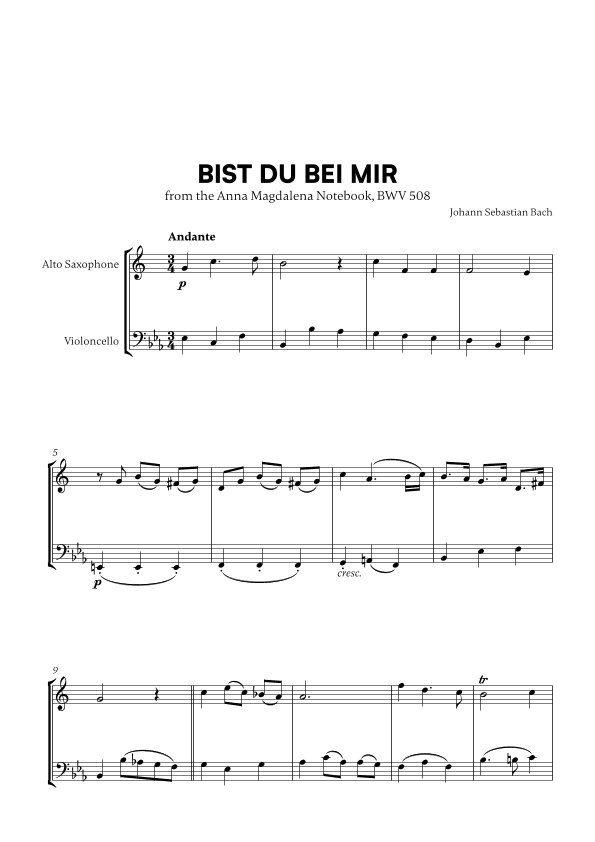 Bist du bei Mir (BWV 508) (for Alto Sax and Cello) (arr. Cadenza Editions)