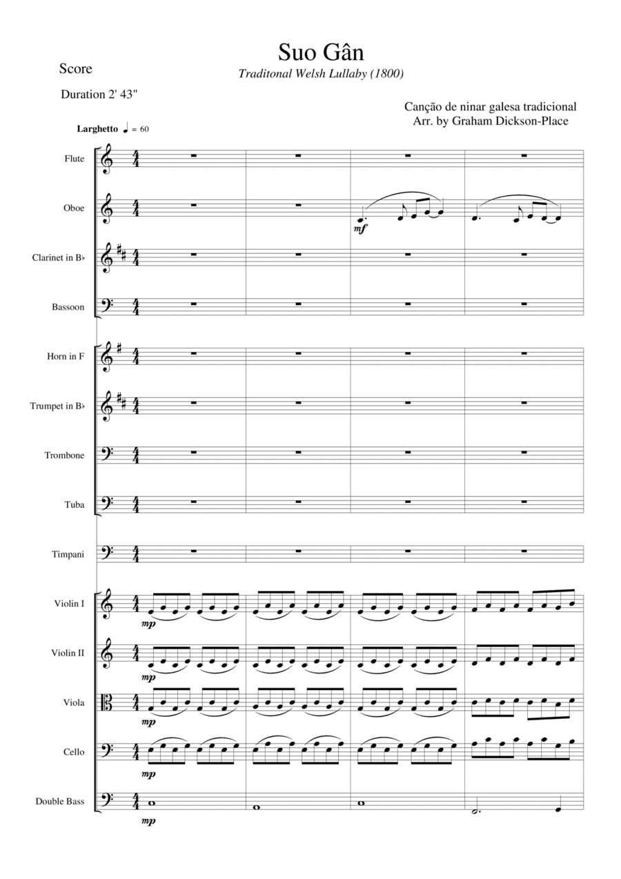 Suo Gân - (Empire of the Sun) Arr. by Graham Dickson-Place - Full orchestra (Timps optional) (arr. Arr. by Graham Dickson-Place)