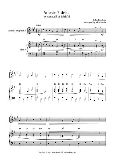 Adeste Fideles (O Come, All Ye Faithful) - tenor sax and piano (arr. Vitor Melo)