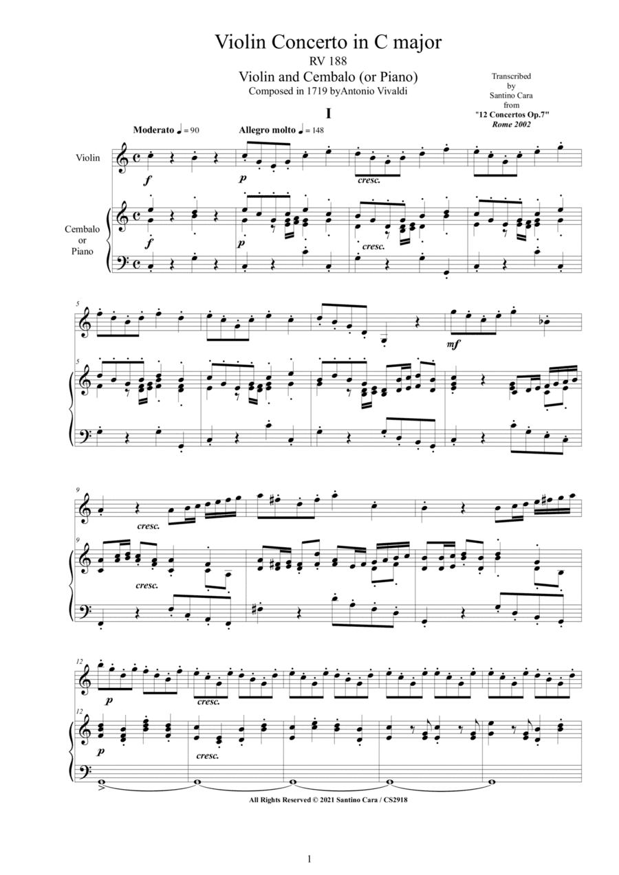 Vivaldi - Violin Concerto No.2 in C major RV 188 Op.7 for Violin and Cembalo or Piano (arr. Santino Cara)