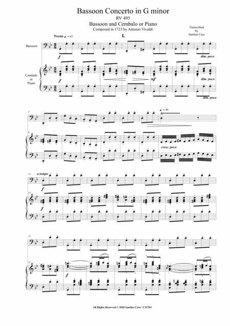 Vivaldi - Bassoon Concerto in G minor RV 495 for Bassoon and Cembalo or Piano (arr. Santino Cara)