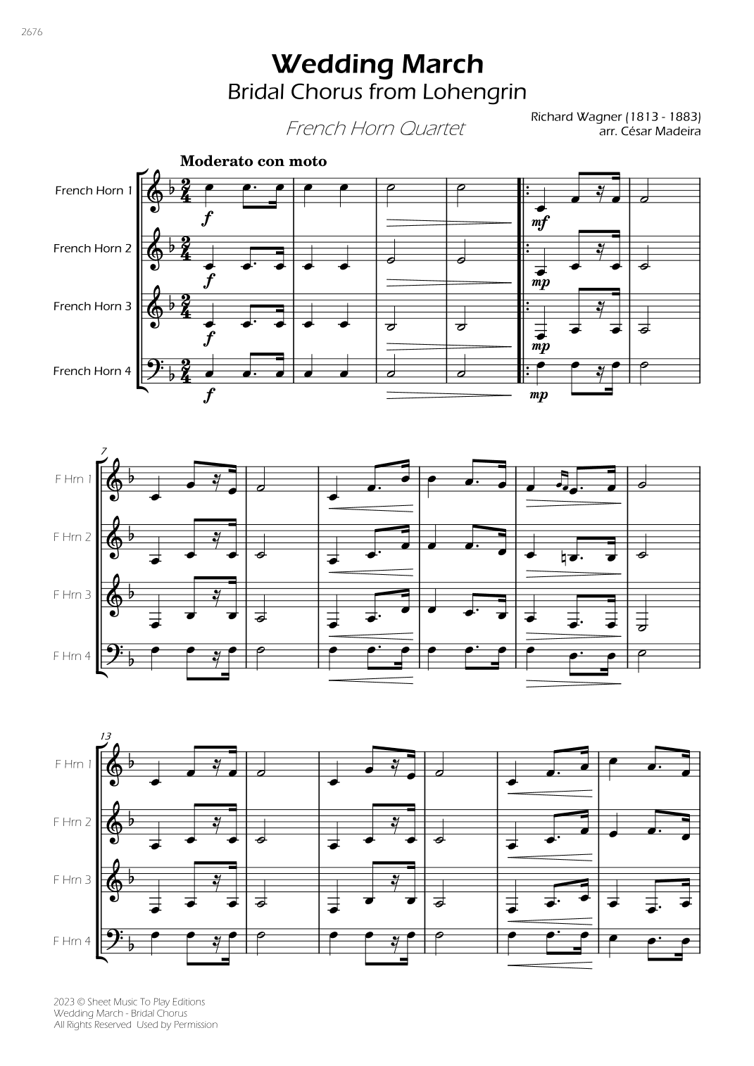 Wedding March (Bridal Chorus) - French Horn Quartet (Full Score) - Score Only (arr. César Madeira)
