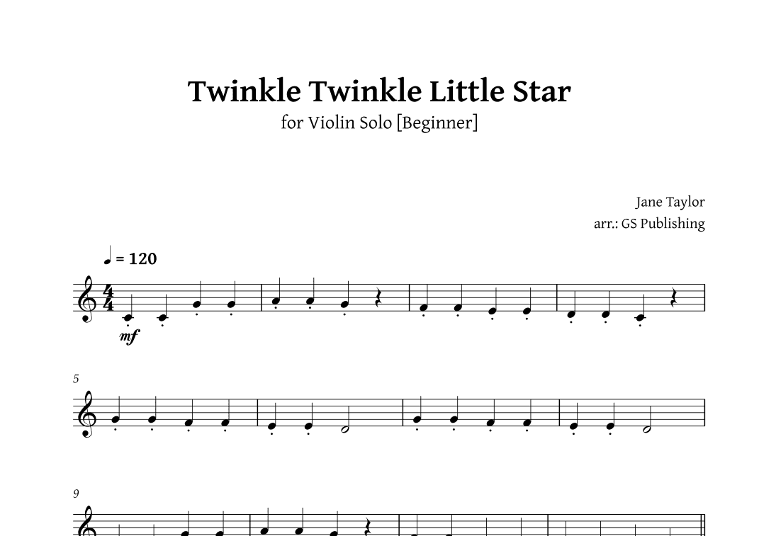 Twinkle Twinkle Little Star for Violin Solo Beginner (arr. GS Publishing)