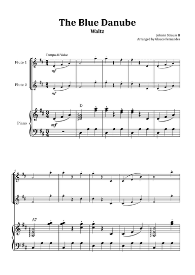 The Blue Danube - Flute Duet with Piano and Chord Notations (arr. Glauco Fernandes)