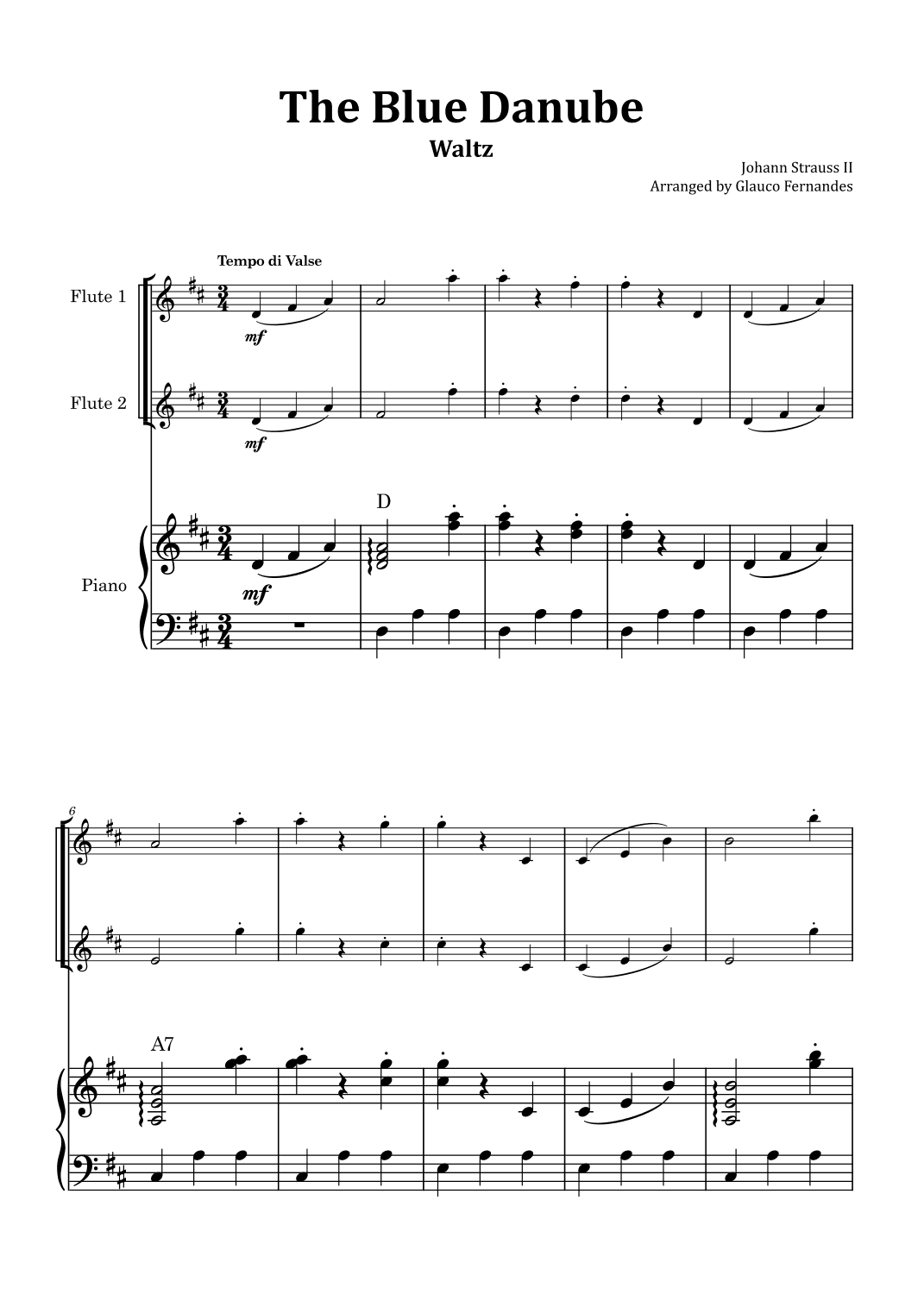 The Blue Danube - Flute Duet with Piano and Chord Notations (arr. Glauco Fernandes)