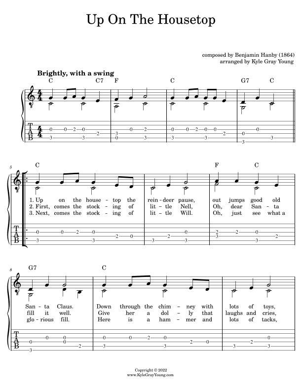 Up On The Housetop (easy fingerstyle guitar tablature) (arr. Kyle Gray Young)