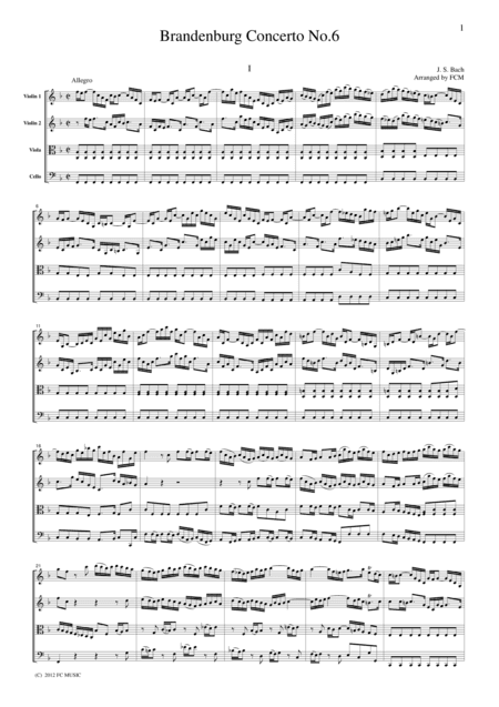 J.S.Bach  Brandenburg Concerto No.6, all mvts. for String Quartet, for string quartet, CB227 (arr. FCMUSIC)