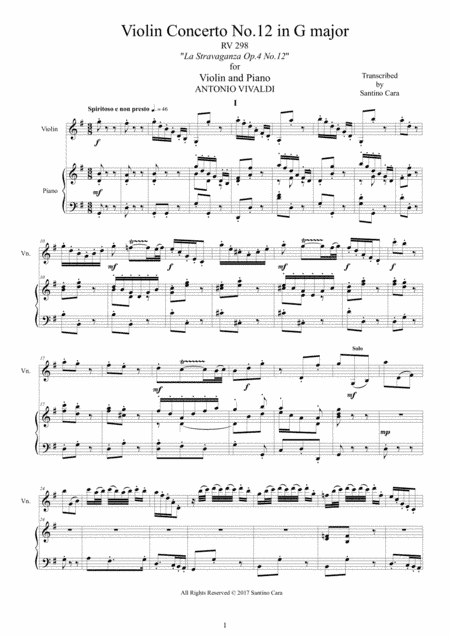 Vivaldi - Concerto No.12 in G major RV 298 Op.4 for Violin and Piano (arr. Santino Cara)