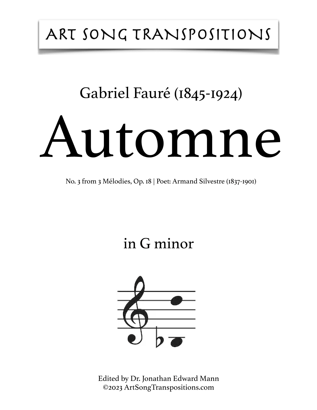 FAURÉ: Automne, Op. 18 no. 3 (transposed to G minor) (arr. ArtSongTranspositions.com)