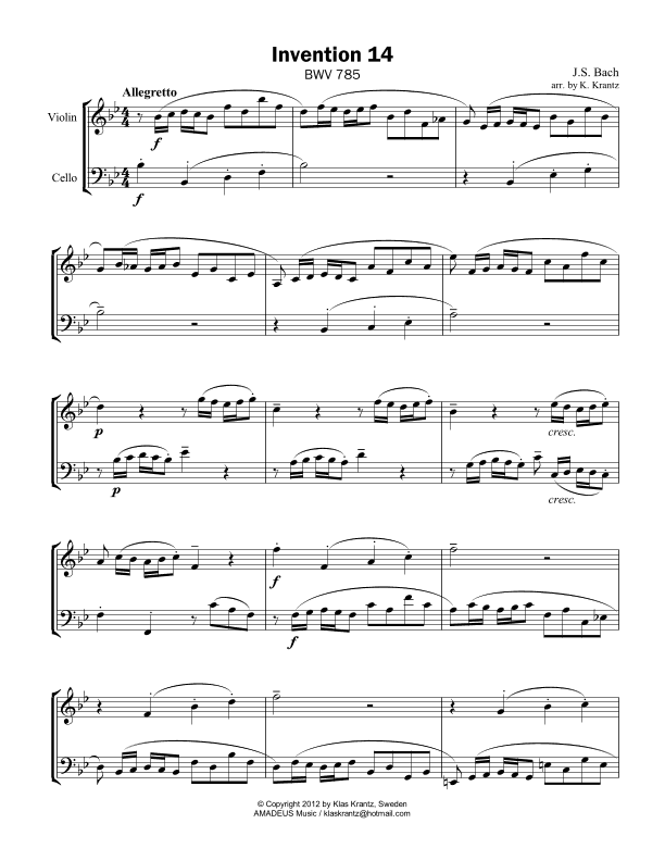Invention No. 14, Bb Major for violin and cello (arr. K. Krantz)