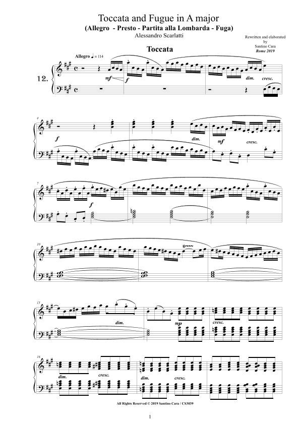 Scarlatti A - Toccata and Fugue No.12 in A major for Piano (arr. Santino Cara)