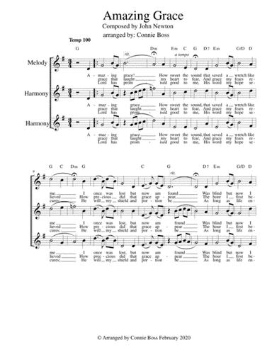 Amazing Grace - vocal trio A Cappella Key of G - upper range (arr. Connie Boss)
