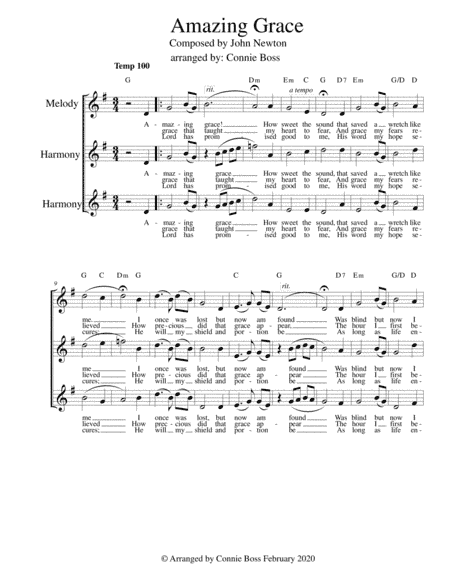 Amazing Grace - vocal trio A Cappella Key of G - upper range (arr. Connie Boss)