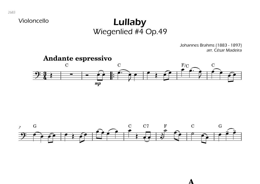 Brahms' Lullaby - Cello Solo - W/Chords (arr. César Madeira)