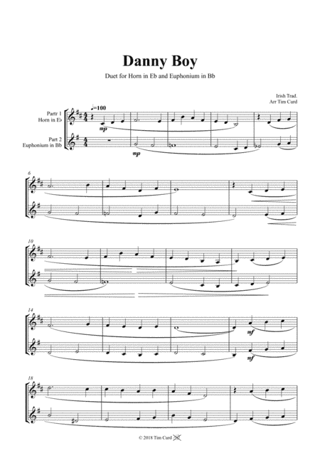 Danny Boy. Duet for Horn in Eb and Euphonium in Bb (arr. Tim Curd)