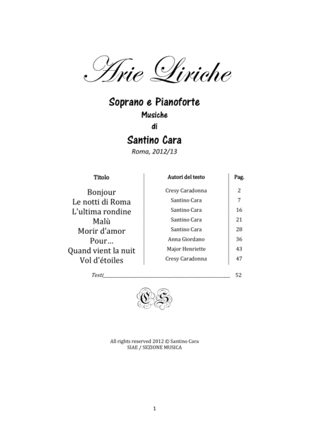 Eight lyric arias for soprano and piano