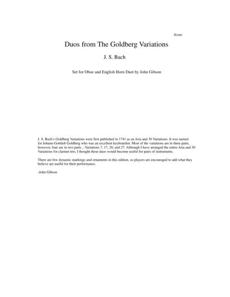 J. S. Bach Duos from The Goldberg Variations set for Oboe and English Horn (arr. John Gibson)