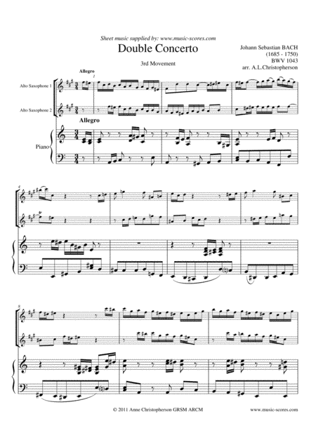 BWV 1043 Double Concerto 3rd Movement - 2 Alto Saxophones and Piano (arr. Anne L Christopherson GRSM ARCM)