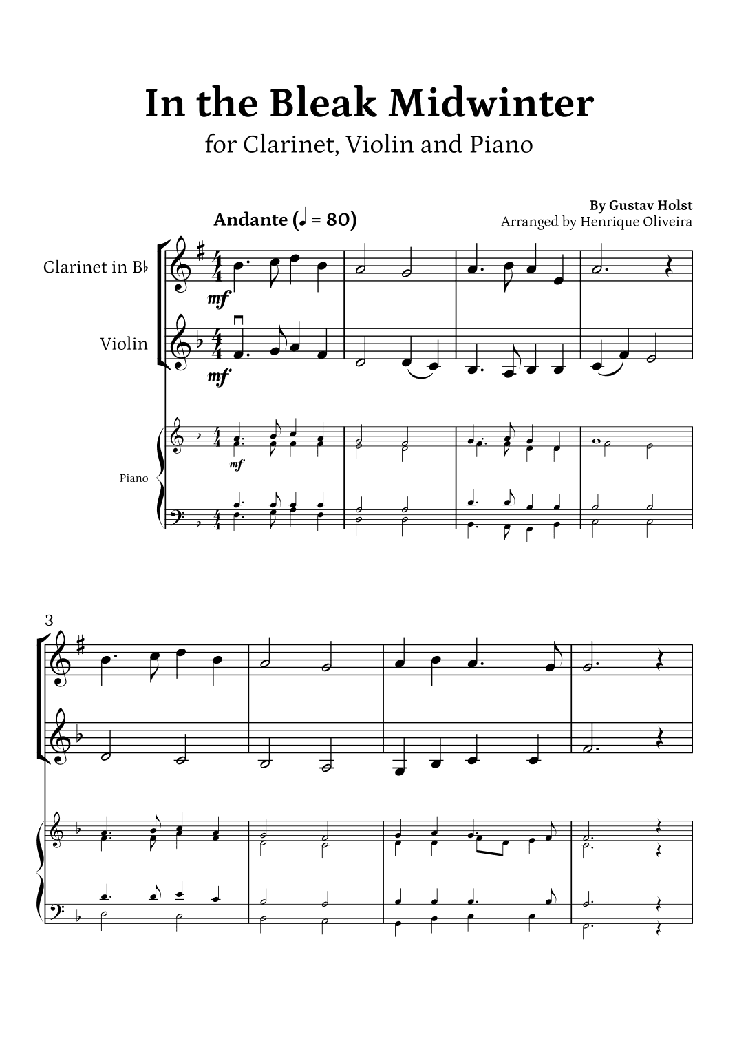 In the Bleak Midwinter (Clarinet, Violin and Piano) - Beginner Level (arr. Henrique Oliveira)