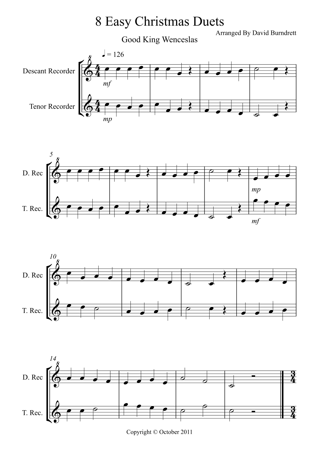 8 Easy Christmas Duets for Descant and Tenor Recorder (arr. David Burndrett)