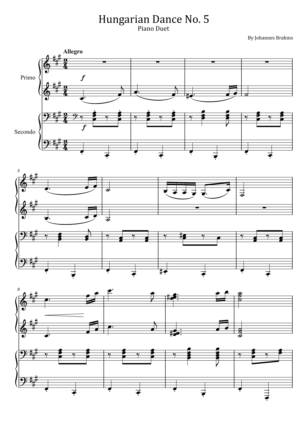 Hungarian Dance No.5 - Piano Duet - For Piano Four Hands (arr. poon)