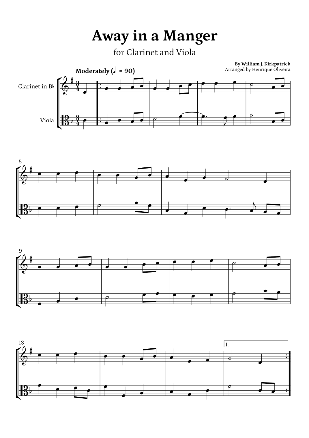 Away in a Manger (Clarinet and Viola) - Beginner Level (arr. Henrique Oliveira)