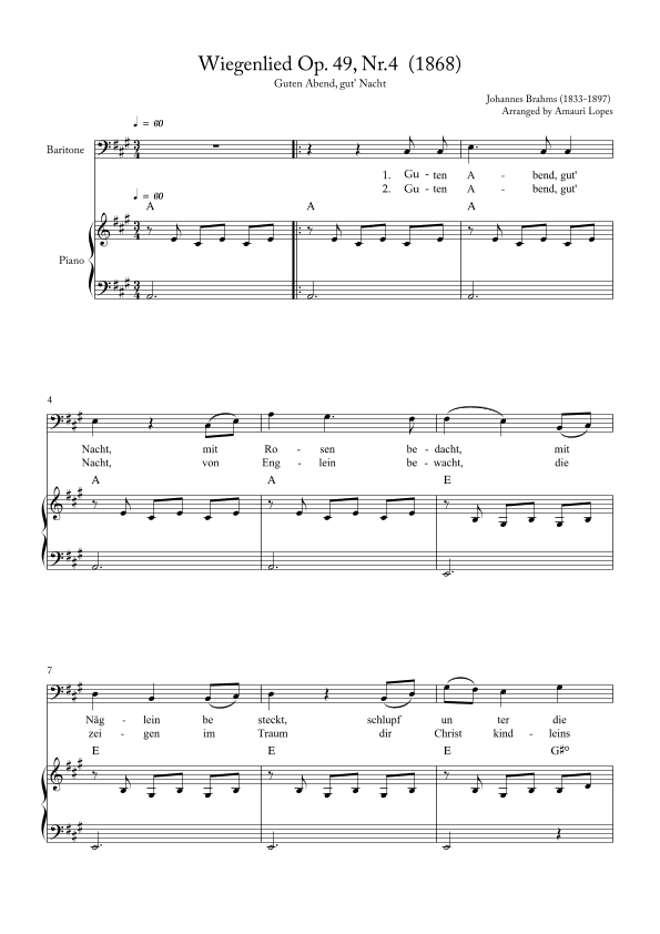 Wiegenlied Op. 49, Nr.4  (1868)  - Key A (arr. Amauri Lopes)