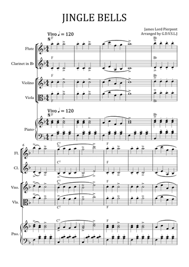 Jingle Bells in F (Flute, Clarinet Bb, Violin, Viola + Piano accomp) (arr. GDVSLJ)