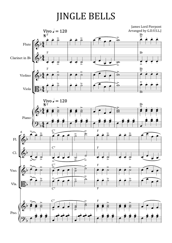 Jingle Bells in F (Flute, Clarinet Bb, Violin, Viola + Piano accomp) (arr. GDVSLJ)