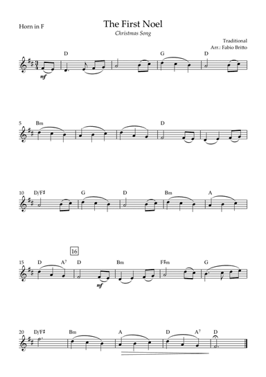 The First Noel (Christmas Song) for Horn in F Solo with Chords (arr. Fabio Britto)