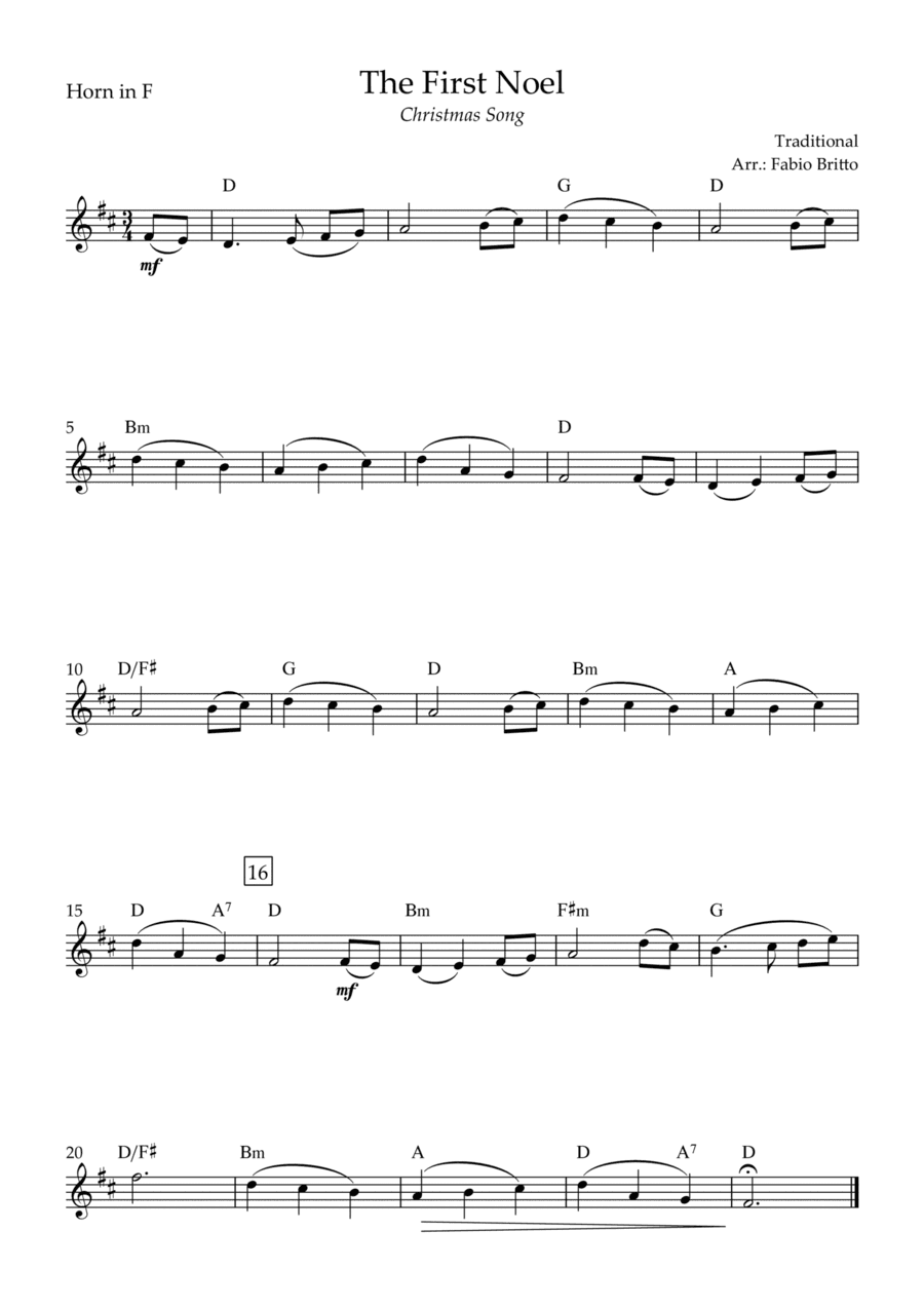 The First Noel (Christmas Song) for Horn in F Solo with Chords (arr. Fabio Britto)