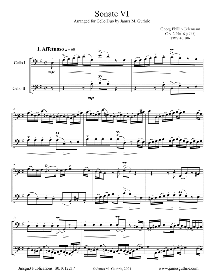 Telemann: Sonata Op. 2 No. 6 for Cello Duo (arr. James M. Guthrie)