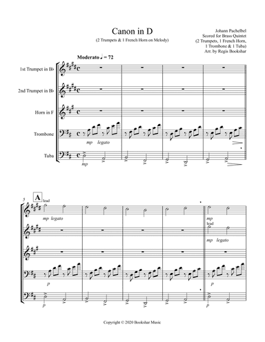 Canon in D (Pachelbel) (D) (Brass Quintet - 2 Trp, 1 Hrn, 1 Trb, 1 Tuba) (2 Trp, 1 Hrn lead) (arr. Regis Bookshar)