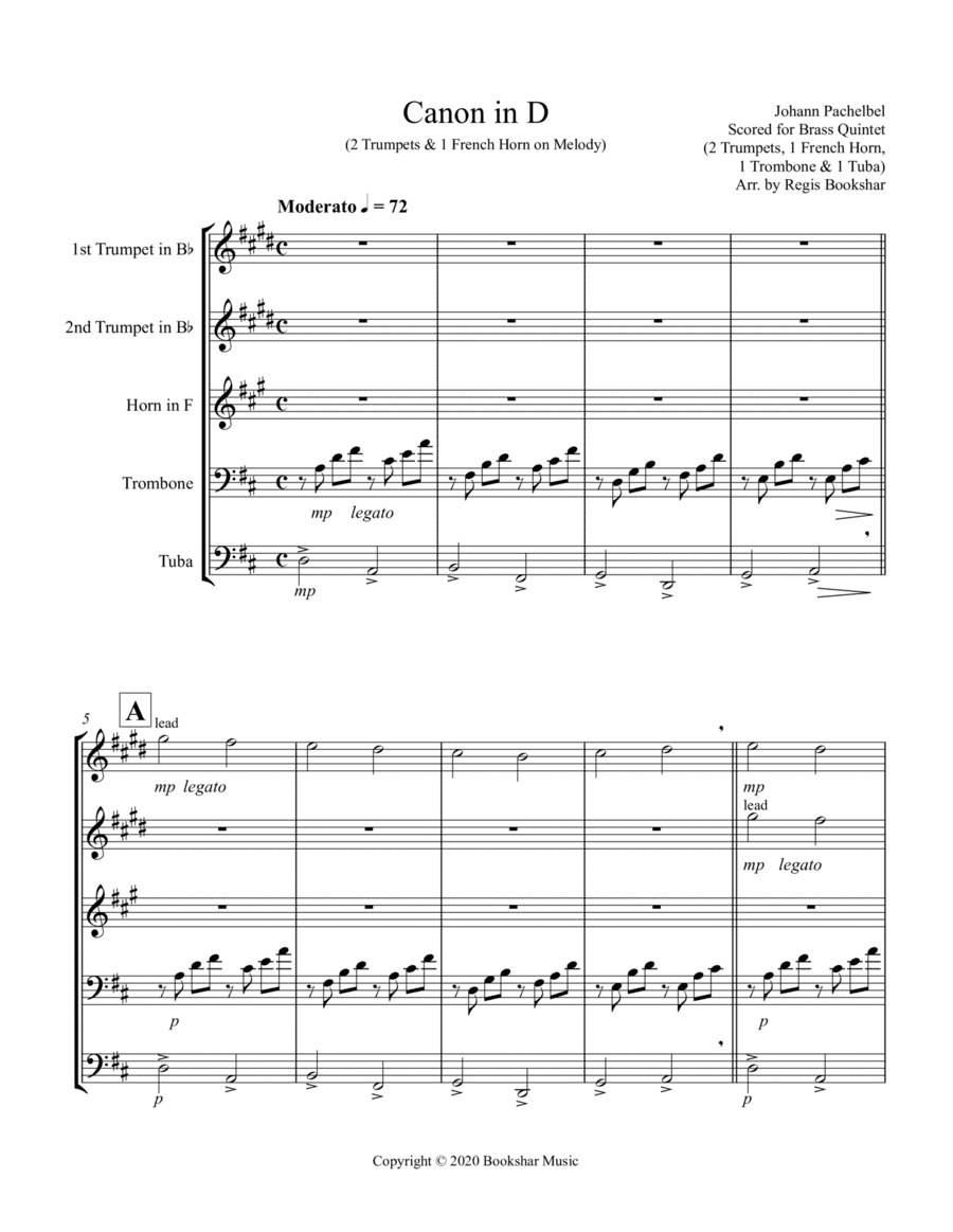 Canon in D (Pachelbel) (D) (Brass Quintet - 2 Trp, 1 Hrn, 1 Trb, 1 Tuba) (2 Trp, 1 Hrn lead) (arr. Regis Bookshar)