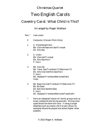 Two English Carols (Coventry Carol; What Child Is This?) - Clarinet Quartet (arr. Roger Wallace)
