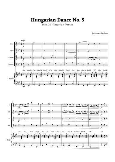 Hungarian Dance No. 5 by Brahms for Woodwinds Quartet and Piano with Chords (arr. Rika K.)