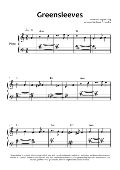Greensleeves - Easy Piano with Chord Charts (arr. Glauco Fernandes)