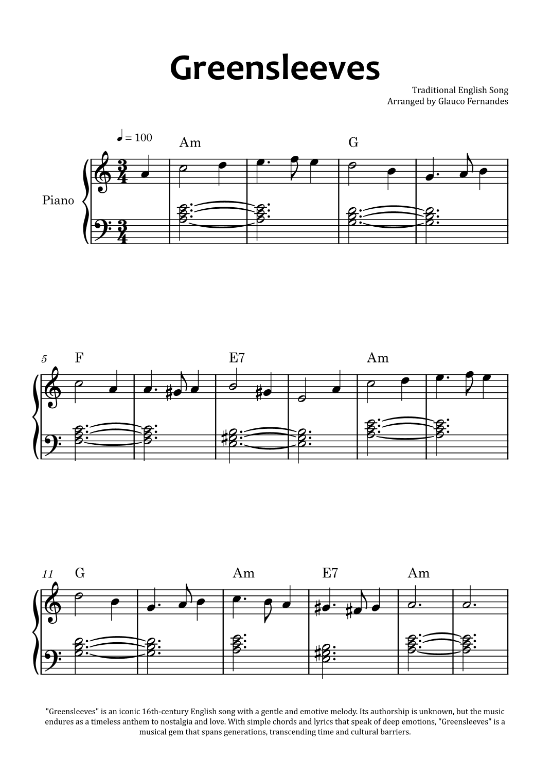 Greensleeves - Easy Piano with Chord Charts (arr. Glauco Fernandes)