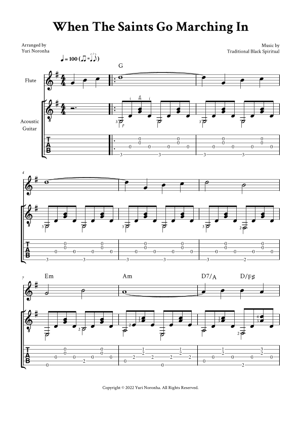 When The Saints Go Marching In - Duet For Flute and Acoustic Guitar (with TAB and Chords) (arr. Yuri Noronha)