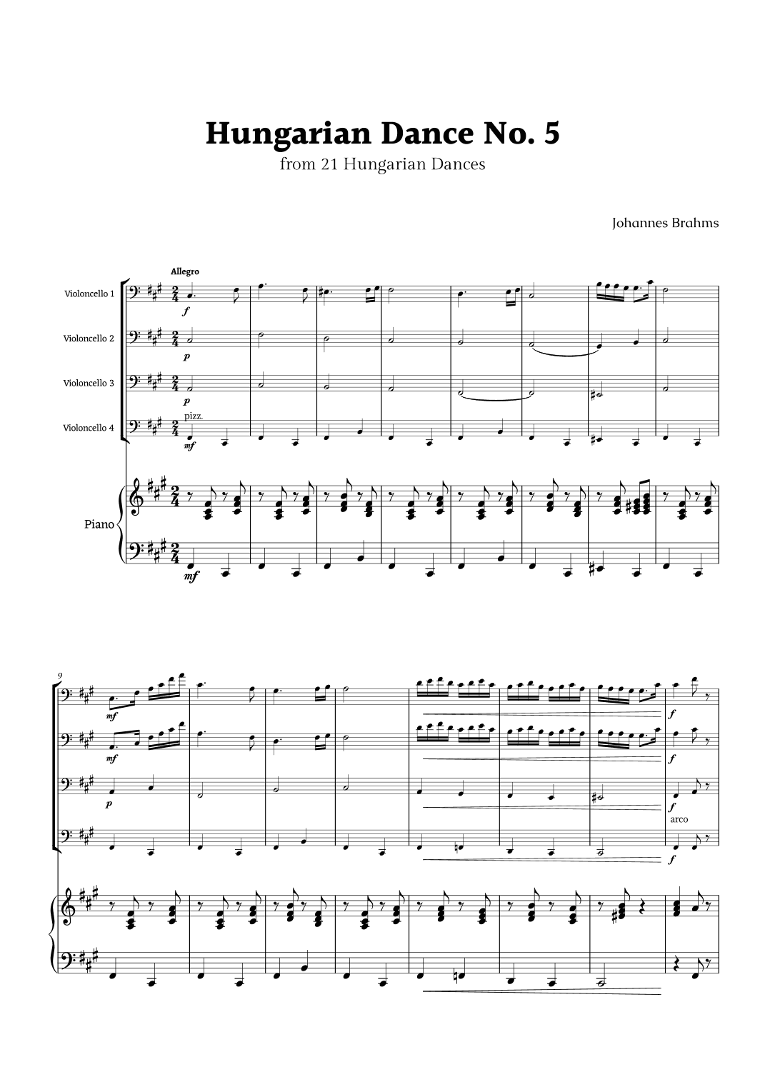 Hungarian Dance No. 5 by Brahms for Cello Quartet and Piano (arr. Rika K.)