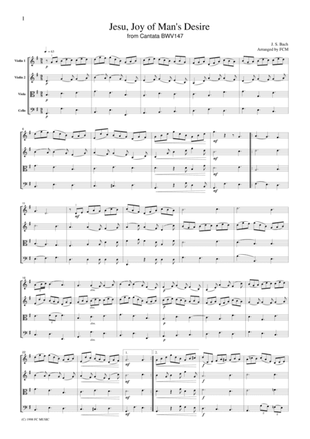 J.S.Bach  Jesu, Joy of Man's Desire from Cantata BWV147, for string quartet, CB203 (arr. FCMUSIC)