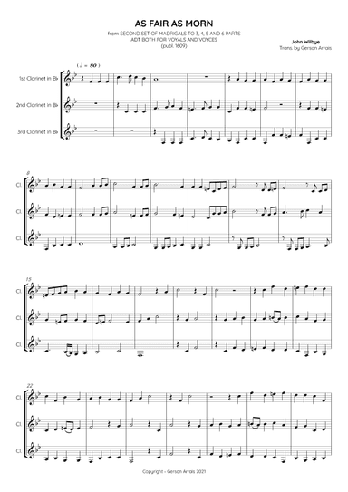AS FAIR AS MORN - John Wilbye - Bb Clarinet trio - Score and Parts (arr. Gerson Arrais)