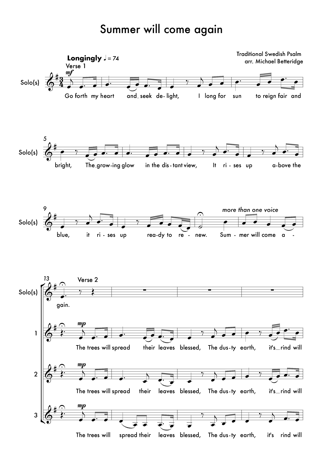 Summer will come again (arr. Michael Betteridge)